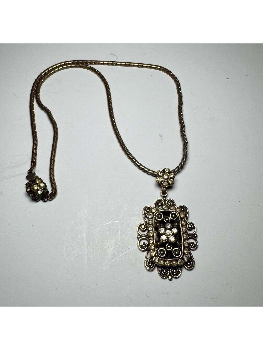 Vintage Rhinestone Pendant Necklace Black Enamel Floral Filigree
